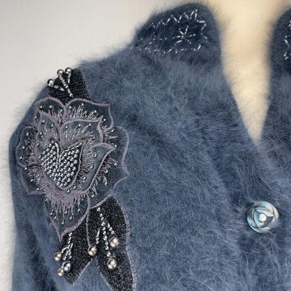 VINTAGE Incredible Angora Fluffy Embellished Floral Beaded Grandma Cardigan S-M - Picture 2 of 7